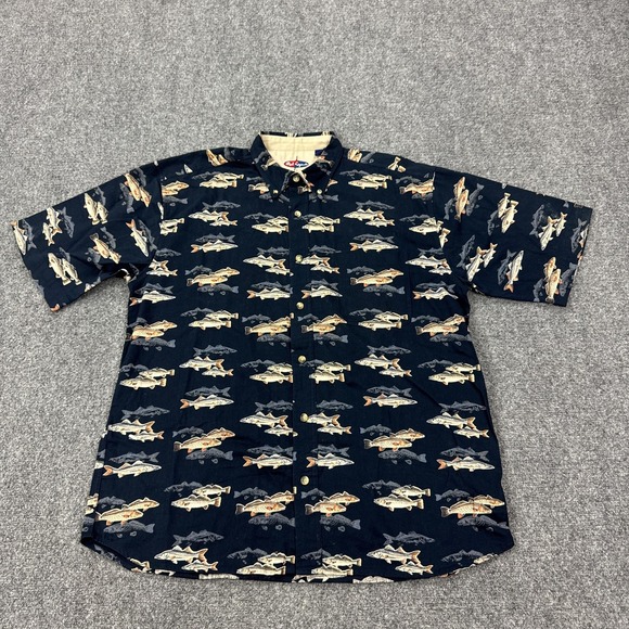 Reel Legends Other - Reel Legends Shirt Mens L Blue Fish Print Relaxed Fit Short Sleeve Button Front